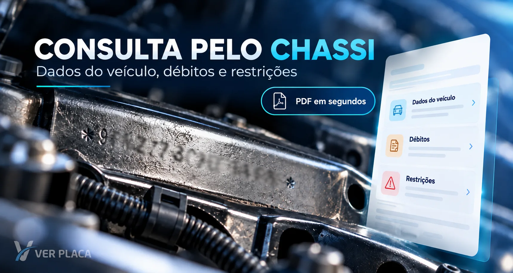 Arte da consulta por chassi da Ver Placa, com a gravação no bloco do chassi, selo de PDF em segundos e painel com dados do veículo, débitos e restrições