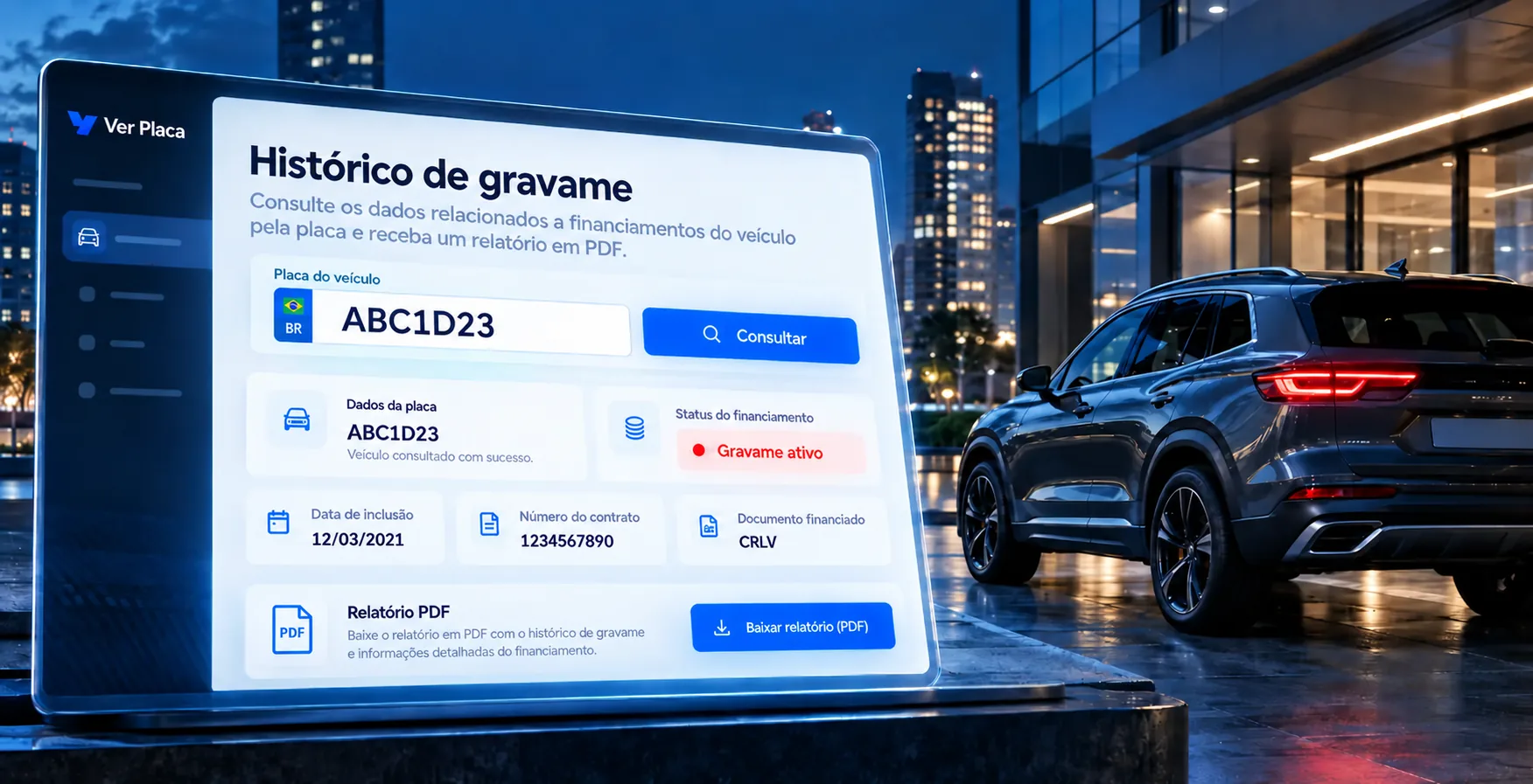 Ilustração de uma tela de consulta de histórico de gravame com dados de financiamento.