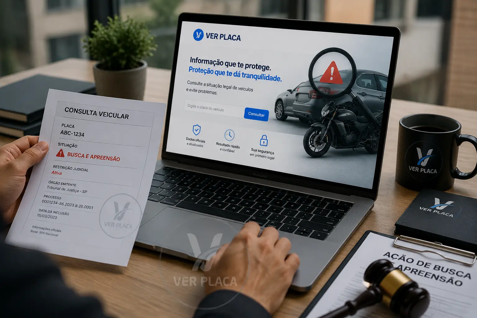 Pessoa segurando um relatório impresso de consulta veicular ao lado de notebook aberto no site Ver Placa para checar dados, restrições e pendências do veículo