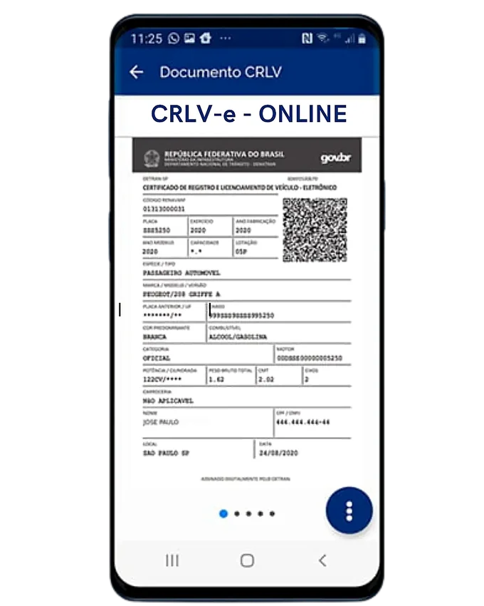 Tela do celular mostrando o CRLV-e emitido digitalmente pelo aplicativo govbr